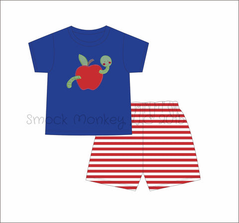 Boy's applique "WORMY APPLE" blue short sleeve shirt and red striped short set (24m,2t,7t,8t,14t)