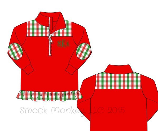Girl's red knit with red and green gingham ruffle pullover (NO MONOGRAM) (12m)
