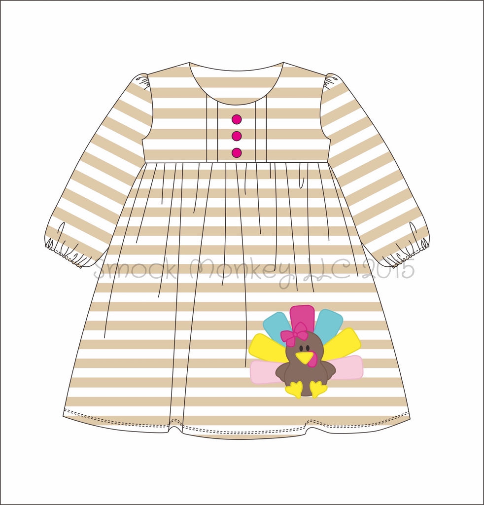 Girl's applique "TURKEY" long sleeve striped knit swing dress (12m)