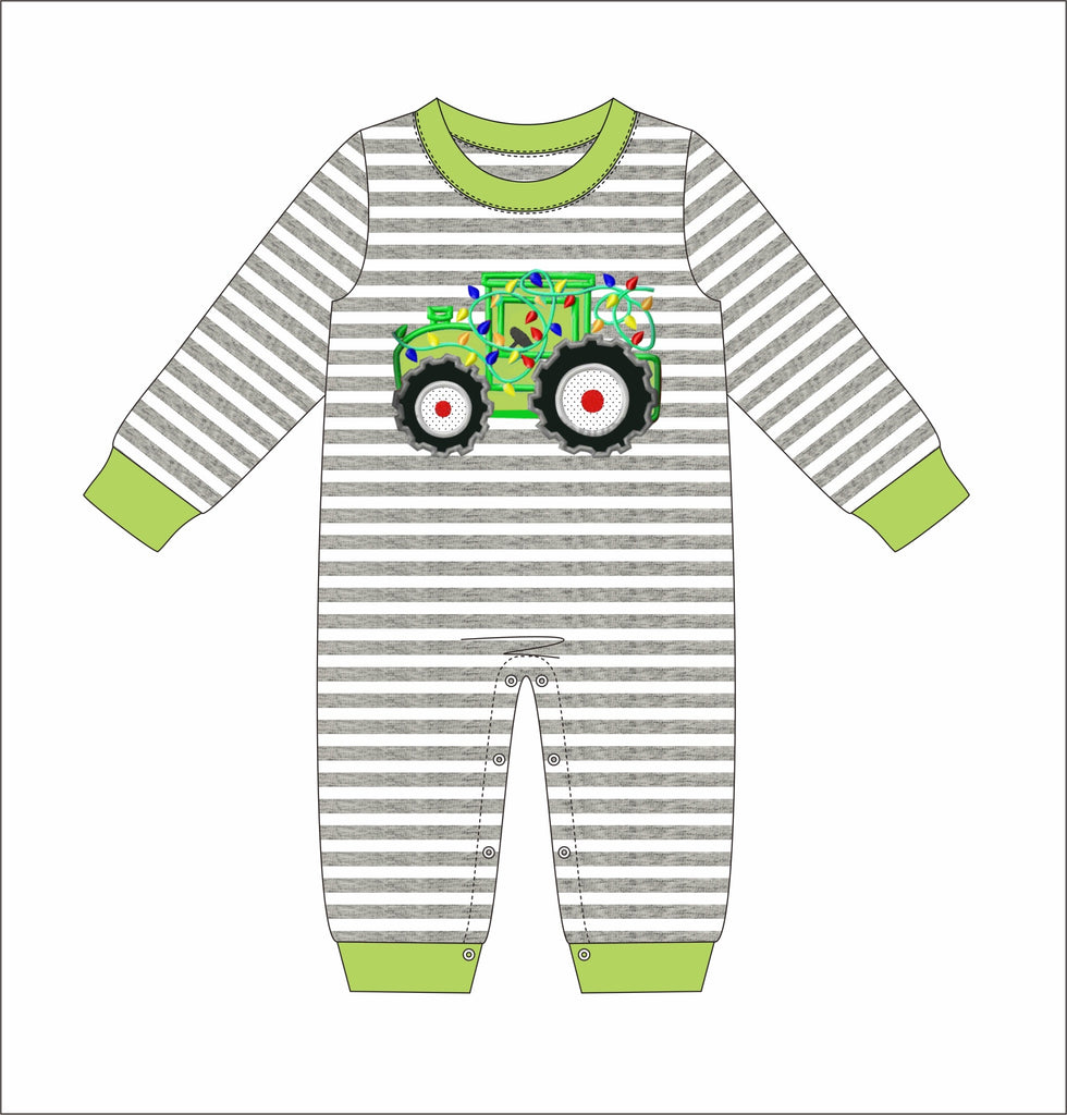 Boy's applique "TRACTOR OF LIGHTS" gray striped knit long sleeve romper (6m,9m,4t)