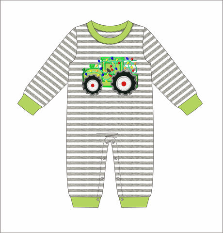 Boy's applique "TRACTOR OF LIGHTS" gray striped knit long sleeve romper (9m,4t)