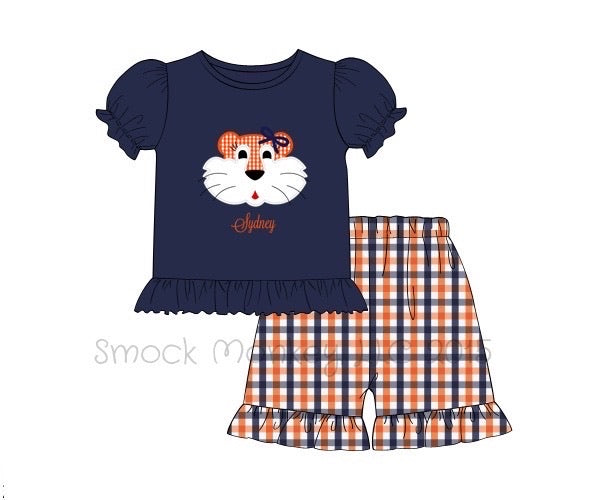 Girl's applique "TIGER" navy knit ruffle shirt and orange / navy plaid ruffle short set (NO MONOGRAM) (18m,2t)