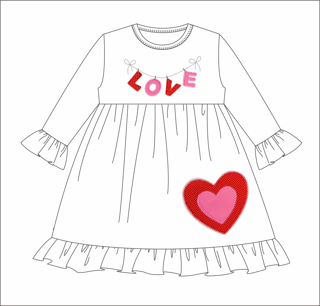 Girl's applique "LOVE ON A STRING" white long sleeve swing dress with heart on hem (9m,12m,2t)