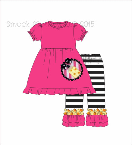 Girl's applique "PENCIL*" hot pink swing top with black striped knit ruffle pant set (24m)