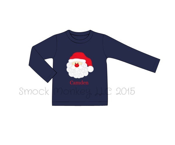 Boy's applique "SANTA" knit navy long sleeve shirt (NO MONOGRAM) (12m)