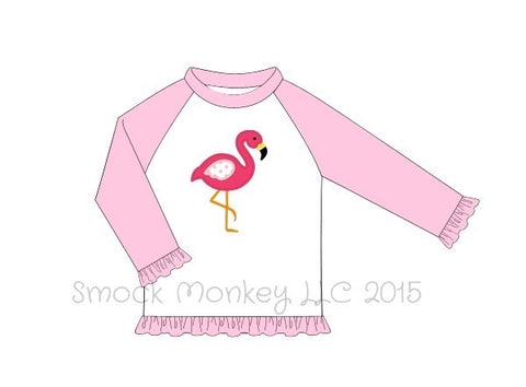 Girl's applique "FLAMINGO" white with pink long sleeve ruffle rashguard (2t)