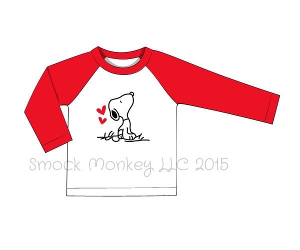 Boy's applique "P-DOG LOVE" white baseball shirt with red sleeves (12m,18m)