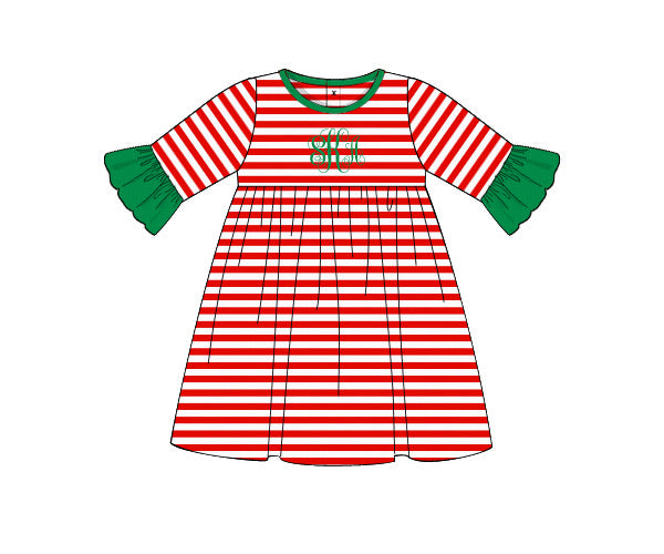 Girl's red thin striped knit swing dress with 3/4 striped with green ruffle bell sleeves (NO MONOGRAM) (9m)
