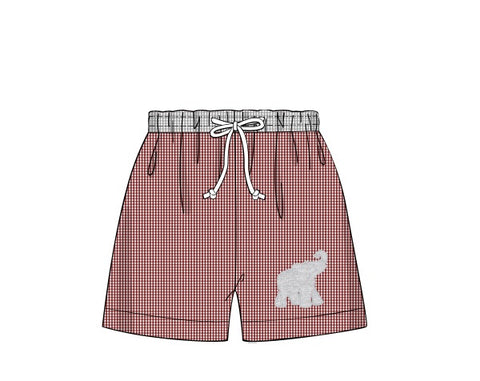 Boy’s applique “ELEPHANT” garnet microgingham swim trunks (5t)