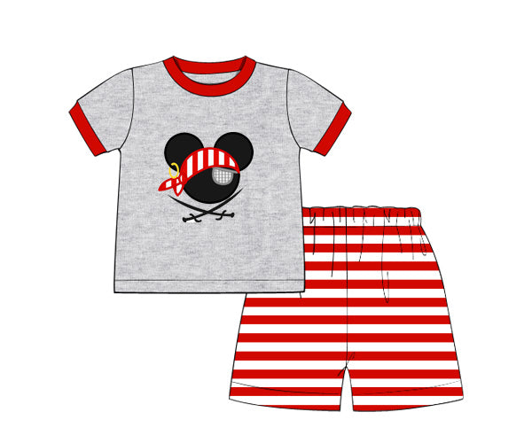 Boy’s applique “PIRATE MOUSE” gray short sleeve shirt and striped set (18m,2t)