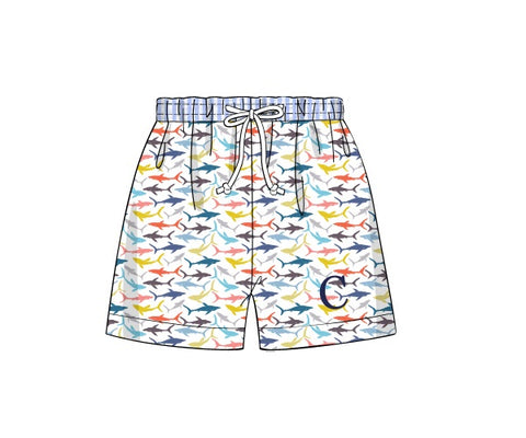 Boy’s shark print with blue seersucker waistband swim trunks (NO MONOGRAM) (6m)