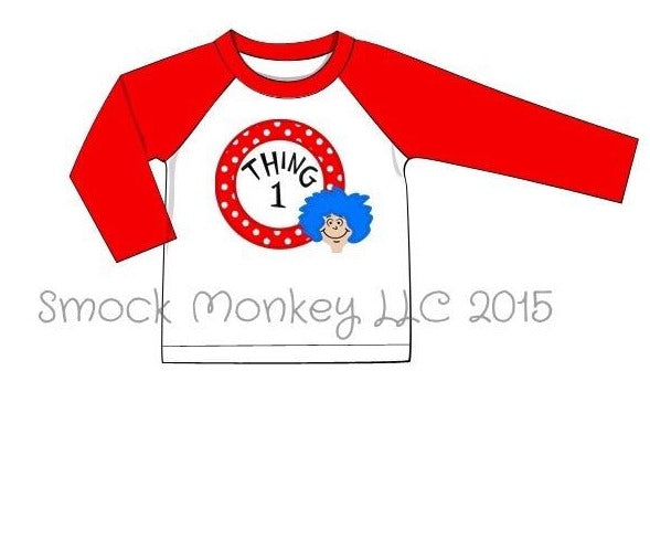 Boy's applique "I AM THING 1" white baseball shirt with red sleeves (2t,4t)