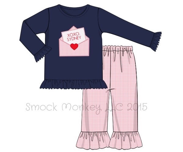 Girl's applique "LOVE LETTER" navy long sleeve shirt and pink microgingham ruffle pants (NO MONOGRAM*) (12m)