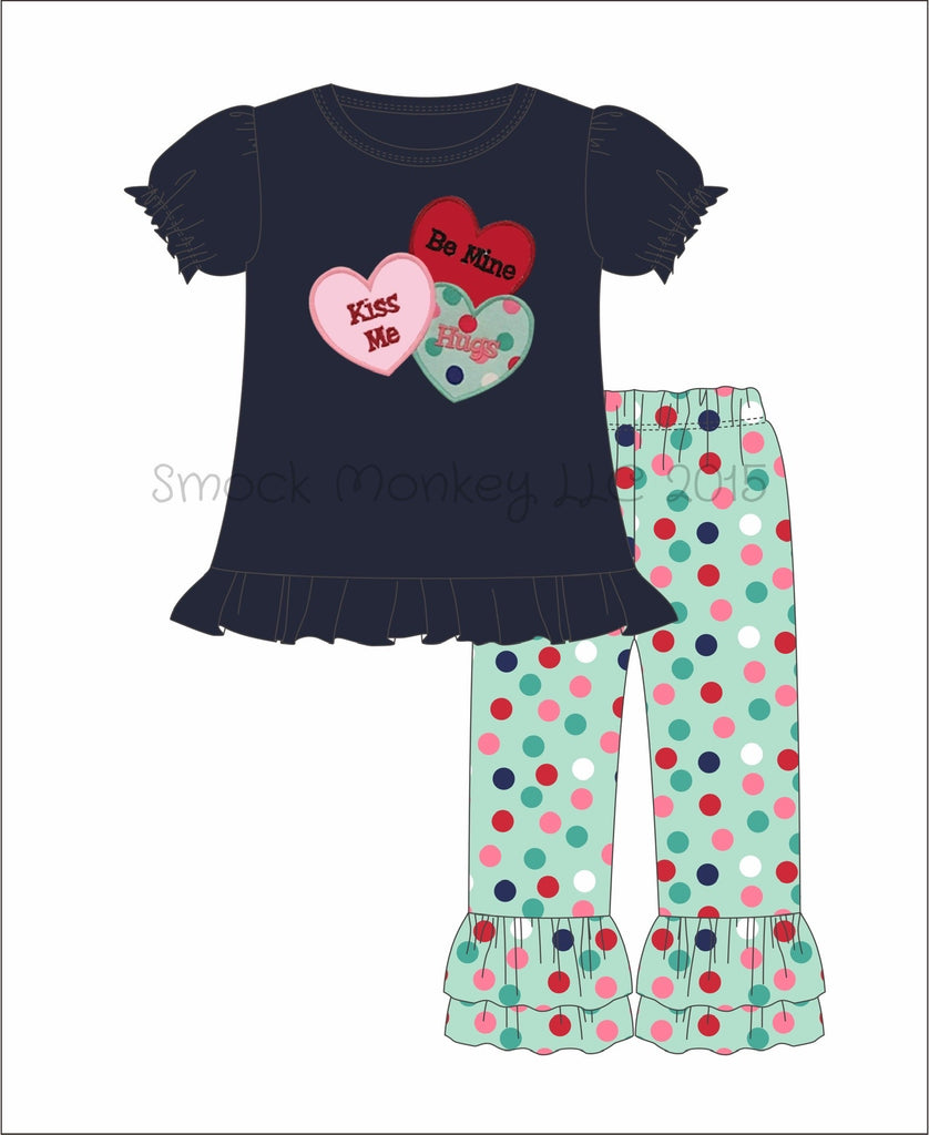 Girl's applique "CANDY HEARTS" navy knit short sleeve ruffle shirt and polka dot ruffle pants set (12m,24m,7t)
