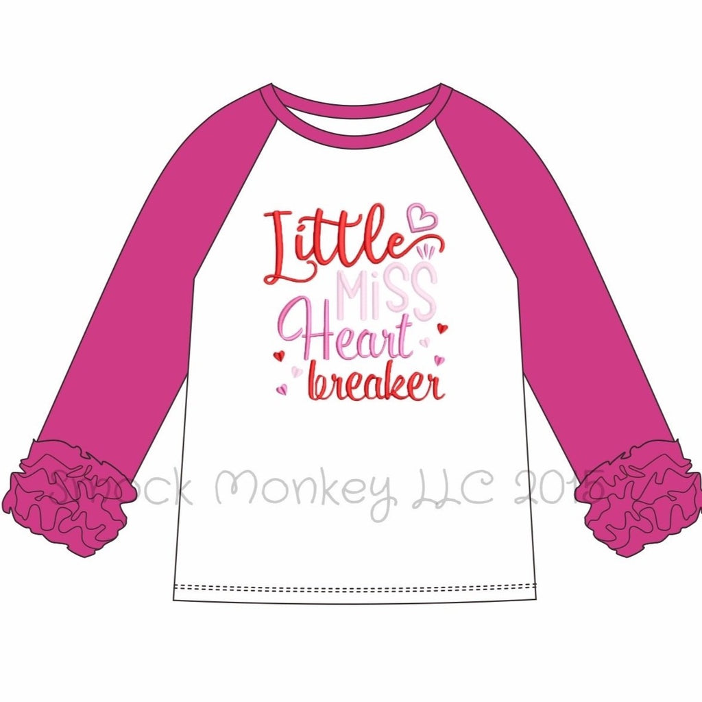 Girl's applique "LITTLE MISS HEART BREAKER" white knit baseball shirt with hot pink ruffle sleeves (18m,24m,2t,3t,4t,6t)