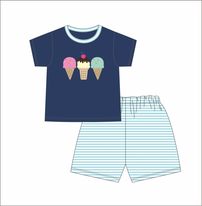 Boy’s applique “ICE CREAM FUN” navy short sleeve shirt and mint striped short set (12m 4t 6t 7t 8t)