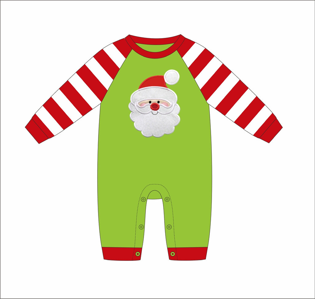 Boy's applique "SANTA" lime and red striped long sleeve shirt romper (NB,6m,9m,12m,18m,24m,2t,3t)