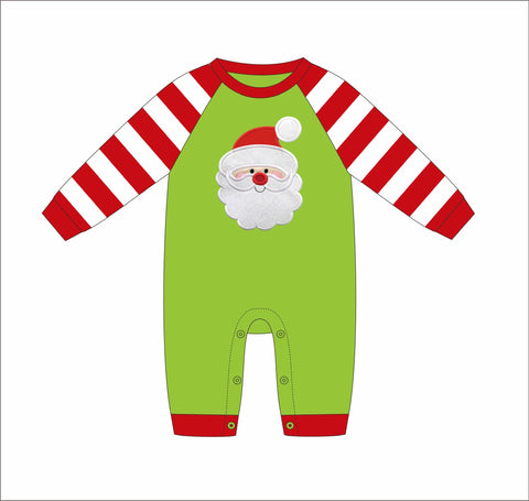 Boy's applique "SANTA" lime and red striped long sleeve shirt romper (NB,6m,24m,3t)