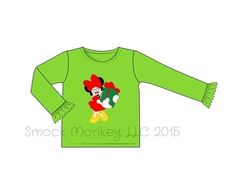 Girl's applique "MS. CHRISTMAS MOUSE" lime knit long sleeve ruffle shirt (18m,24m)