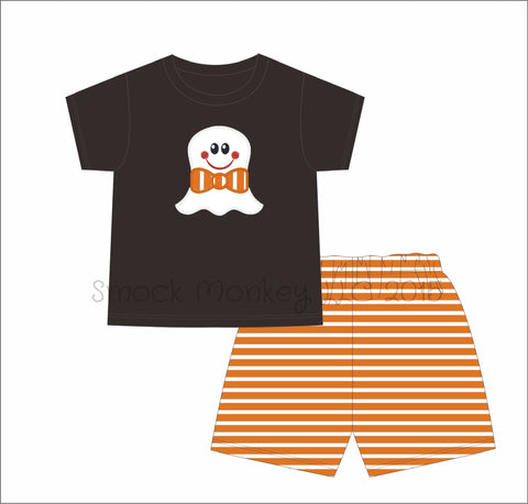 Boy's applique "MR. FRIENDLY GHOST" black knit short sleeve shirt and orange knit striped shorts (6m)