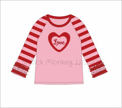 Girl's applique "LOVE" pink long sleeve baseball shirt with pink and red striped icing ruffles (12m,18m,24m,2t)