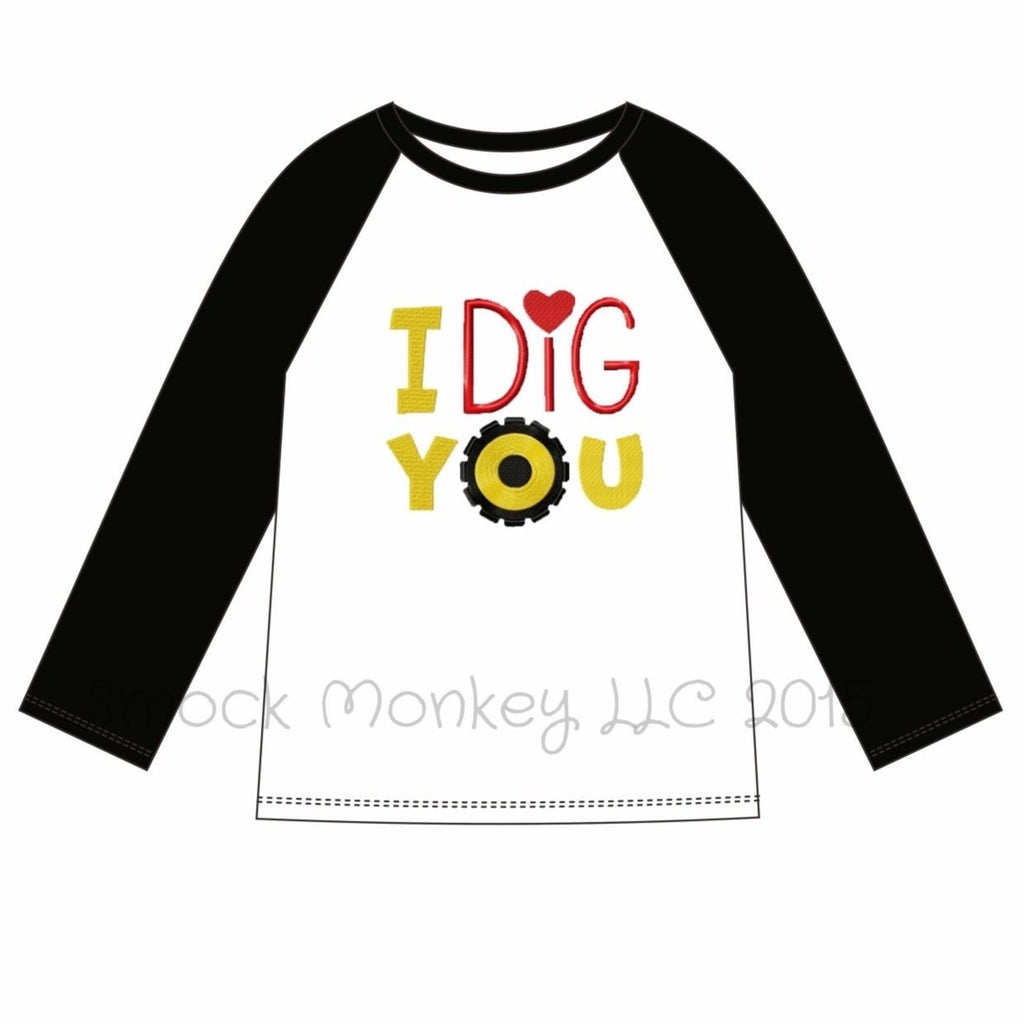 Boy's applique "I DIG YOU" (ORANGE THREAD) white knit baseball shirt with black sleeves (24m,6t)