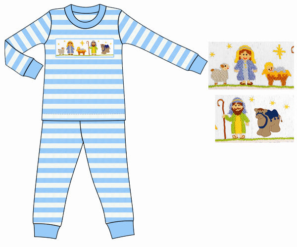 Boy's smocked "NATIVITY" blue and white striped two piece  set (NB,6m)