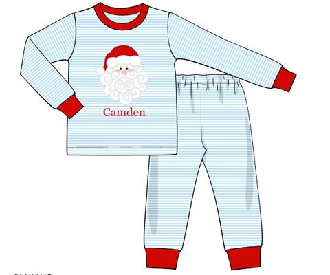 Boy's applique "SANTA" baby blue striped knit two piece set (NO MONOGRAM) (24m)