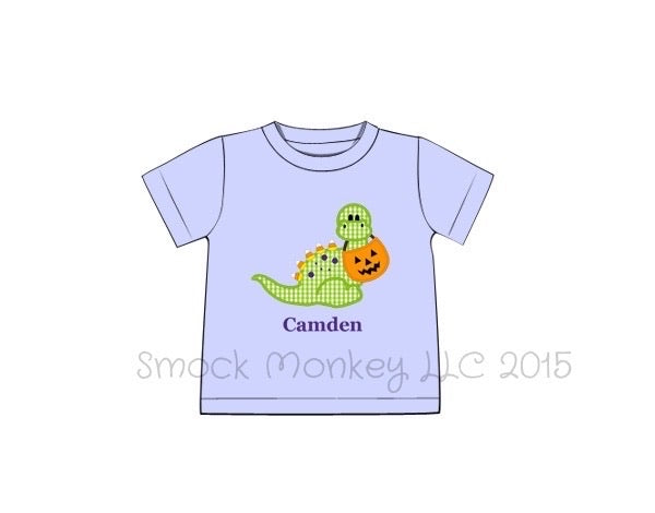 Boy's applique "CANDY CORN DINOSAUR" light blue short sleeve shirt (NO MONOGRAM) (9m)