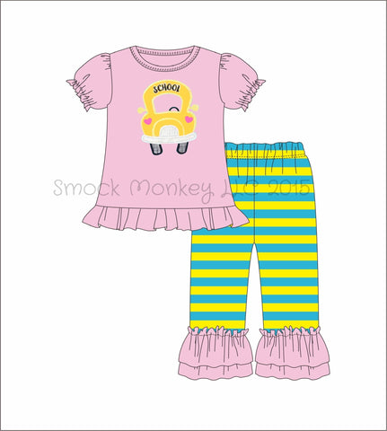 Girl's applique "YELLOW BUS" pink ruffle shirt and aqua and yellow ruffle pant set (12m,2t,3t,8t,10t)
