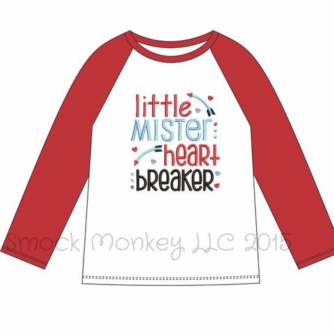 Boy's applique "LITTLE MR HEART BREAKER" white knit baseball shirt with red sleeves (18m,24m)