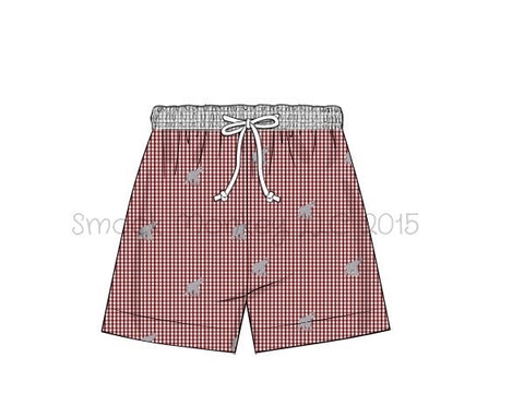 Boy’s embroidered "ELEPHANT” garnet gingham swim trunks (12m)