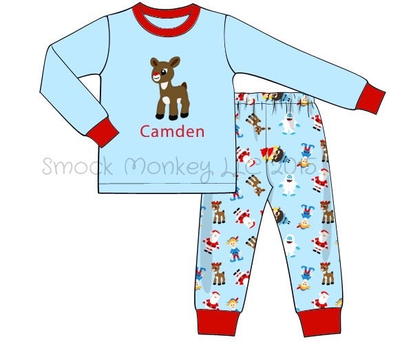 Boy's applique "RED NOSED REINDEER" baby blue two piece set with printed bottoms (NO MONOGRAM) (6m,24m)