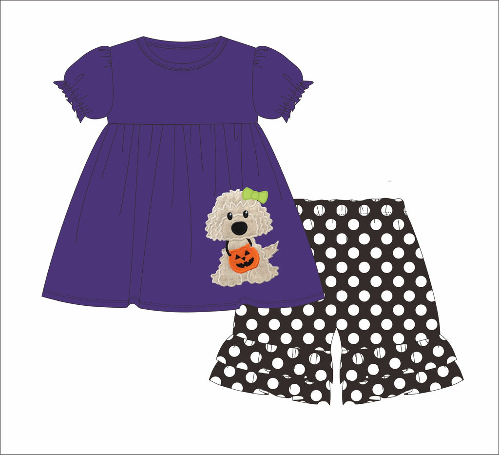 Girl's applique "HAZEL THE DOG" purple short sleeve knit swing top and black polka dot knit ruffle shorts (6m,24m)