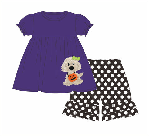 Girl's applique "HAZEL THE DOG" purple short sleeve knit swing top and black polka dot knit ruffle shorts (6m,24m)