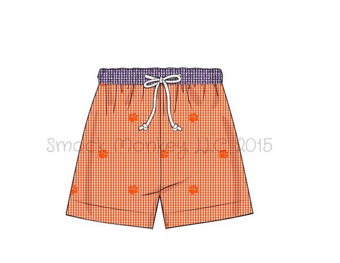 Boy's embroidered "PAWS" orange and purple microgingham swim trunks (6m,9m)