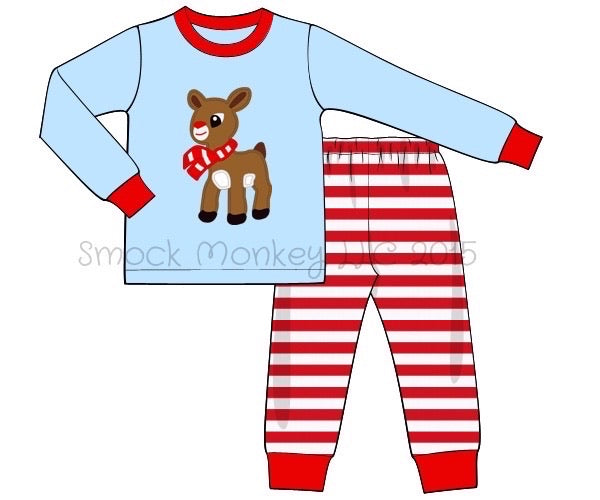 Boy's applique "RUDOLPH the REINDEER" light blue knit with red stripe set (9m,12m)