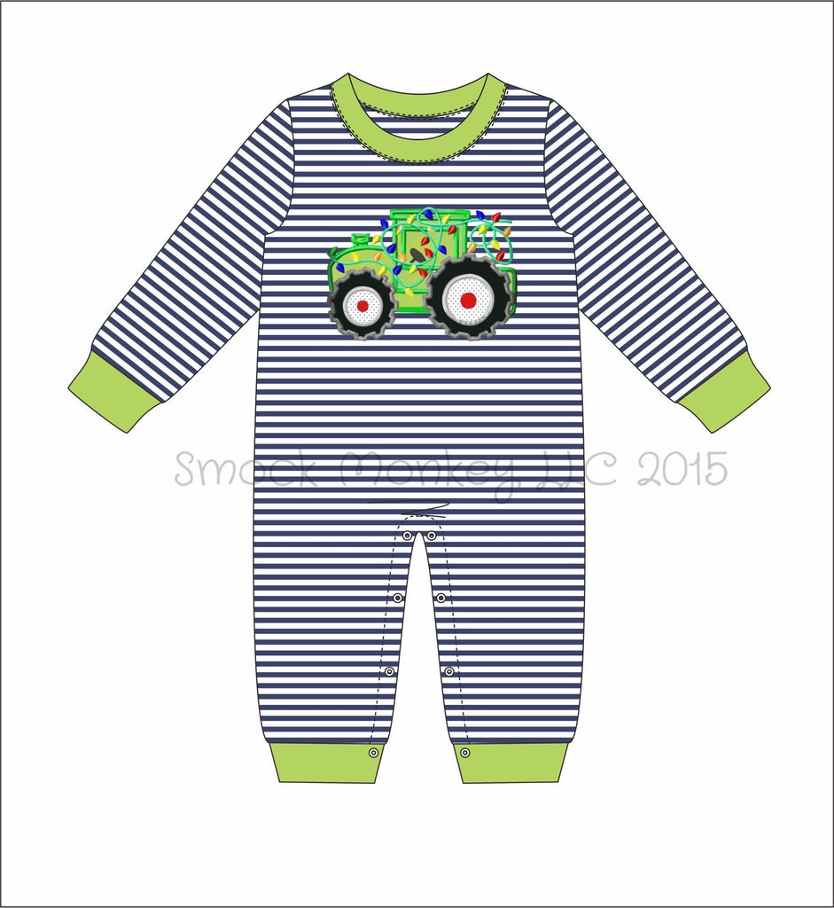 Boy's applique "TRACTOR WITH LIGHTS" navy thin striped knit long sleeve pant romper (3m,6m,9m)