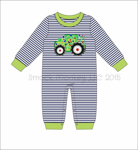 Boy's applique "TRACTOR WITH LIGHTS" navy thin striped knit long sleeve pant romper (6m,9m)