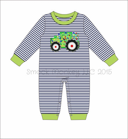 Boy's applique "TRACTOR WITH LIGHTS" navy thin striped knit long sleeve pant romper (6m,9m)