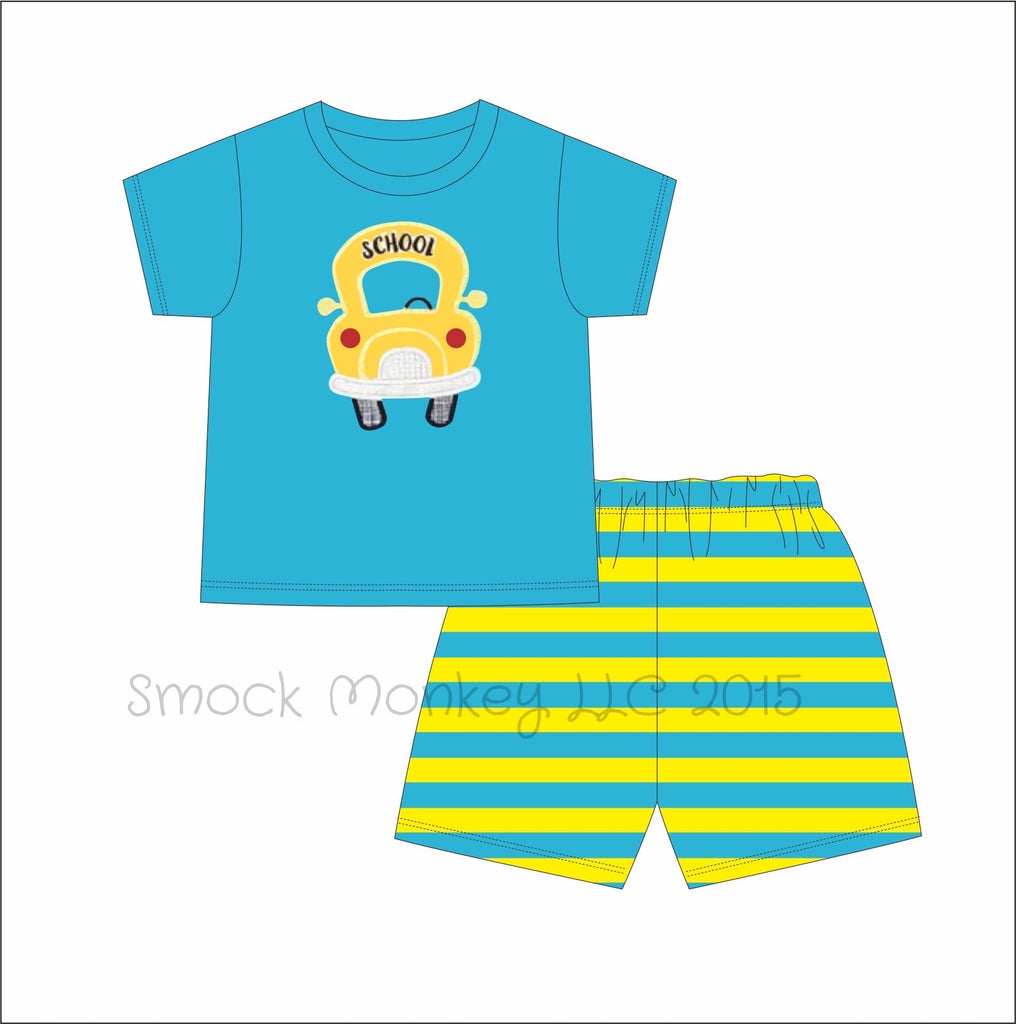Boy's applique "SCHOOL BUS" yellow aqua shirt sleeve shirt and aqua and yellow striped short set (2t,3t,4t)