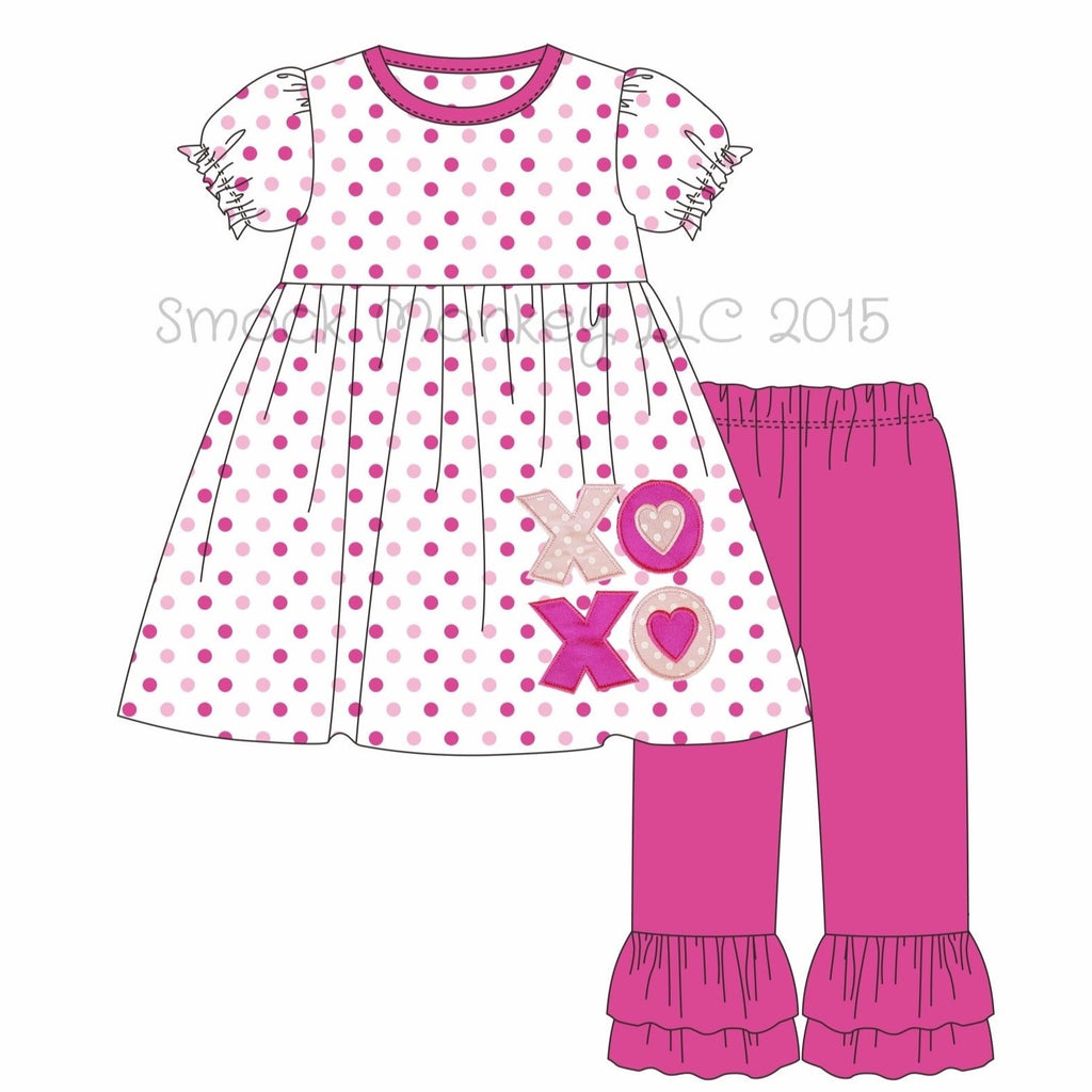 Girl's applique "XOXO" hot pink**(see desc) and pink polka dot knit swing top with hot pink ruffle pants set (12m,24m)