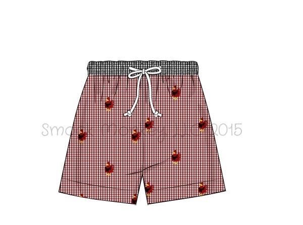 Boy's embroidered "CHICKEN" garnet gingham swim trunks (18m,3t,4t,5t,6t,7t)