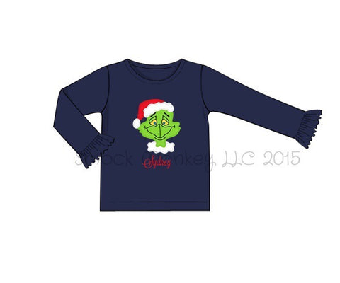Girl's applique "GRINCHY" navy knit long sleeve ruffle shirt (NO MONOGRAM) (9m,18m,24m)