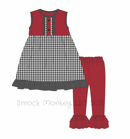 Girl's garnet and black houndstooth swing top and garnet ruffle pants (12m,2t,4t,5t)
