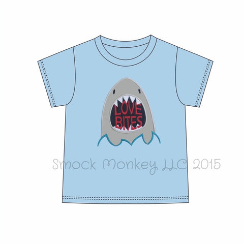 Boy's applique "LOVE BITES" baby blue short sleeve knit shirt (3m,24m,2t,7t)