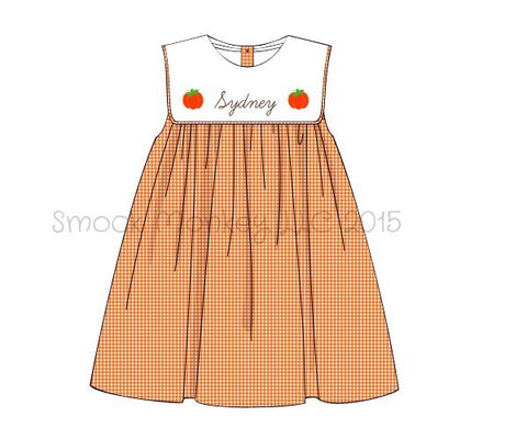 Girl's embroidered "PUMPKINS" orange microgingham collar dress (NO MONOGRAM) (24m)