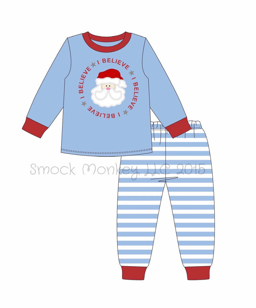 Boy's applique "SANTA BELIEVES" blue with stripes two piece set (6m,18m,24m)