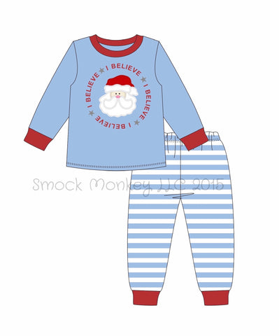 Boy's applique "SANTA BELIEVES" blue with stripes two piece set (18m,24m)