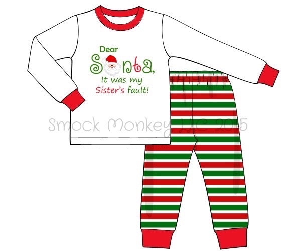 Unisex applique "SISTER'S FAULT" white with Christmas stripes knit two piece pajama set (6m,24m)